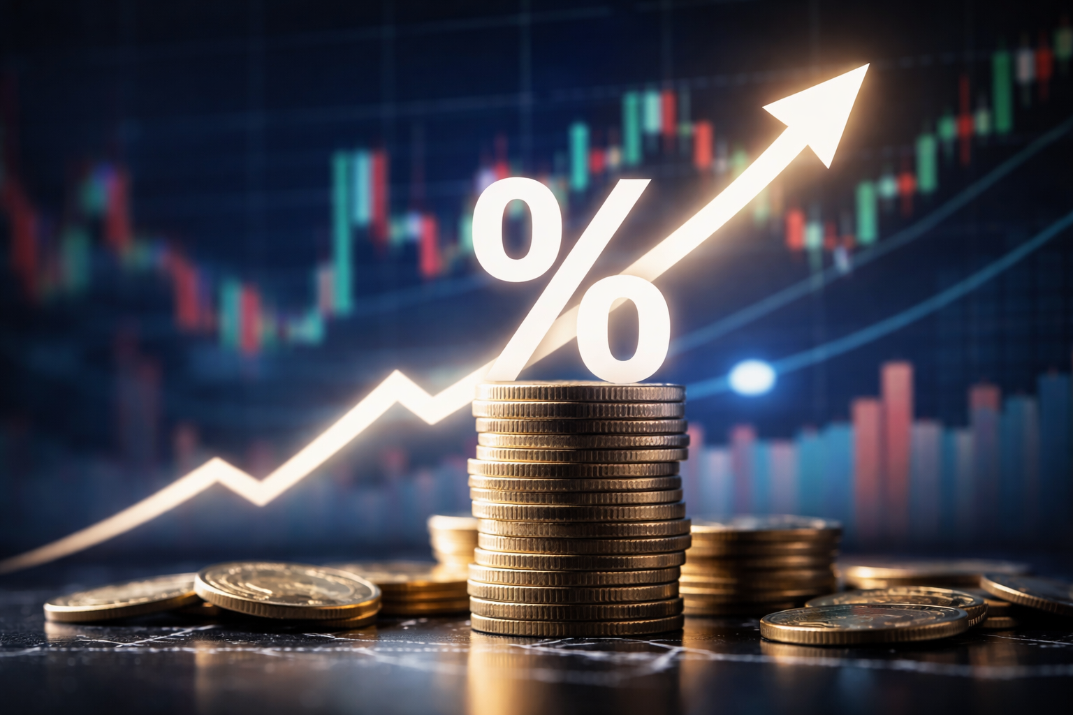 Imagem relacionada a taxa de juros, com moedas empilhadas e símbolo percentual representando juros elevados no cenário financeiro.