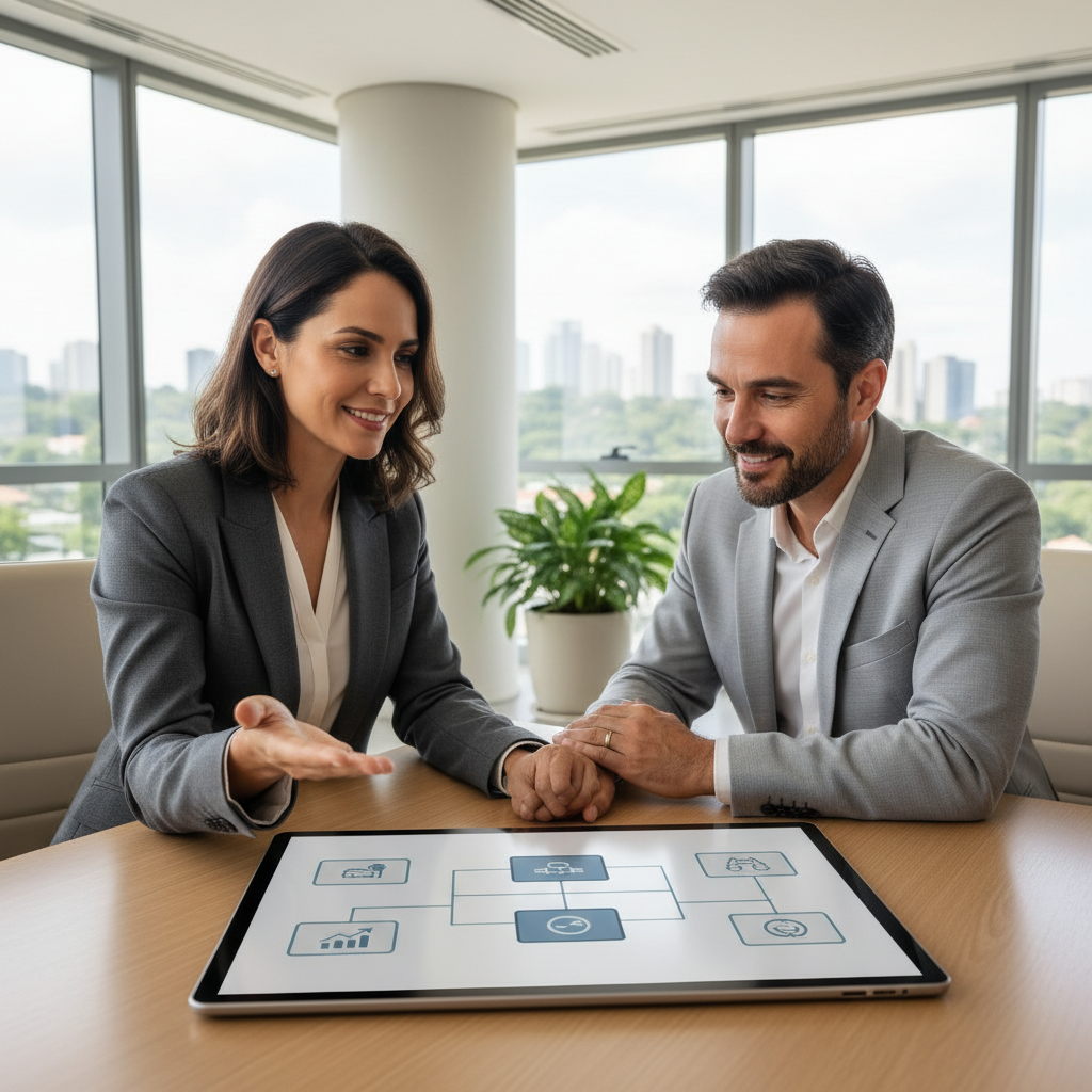 Consultor brasileiro conduzindo um cliente em uma decisão de crédito