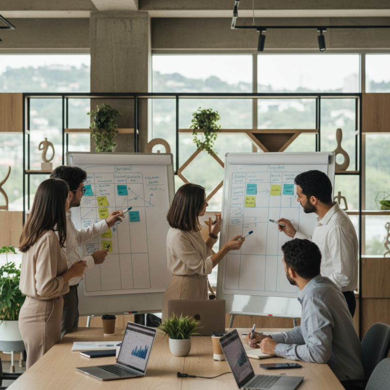 Equipe de consórcio organizando processos de atendimento em ambiente de trabalho