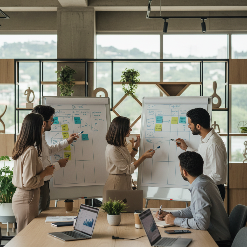 Equipe de consórcio organizando processos de atendimento em ambiente de trabalho