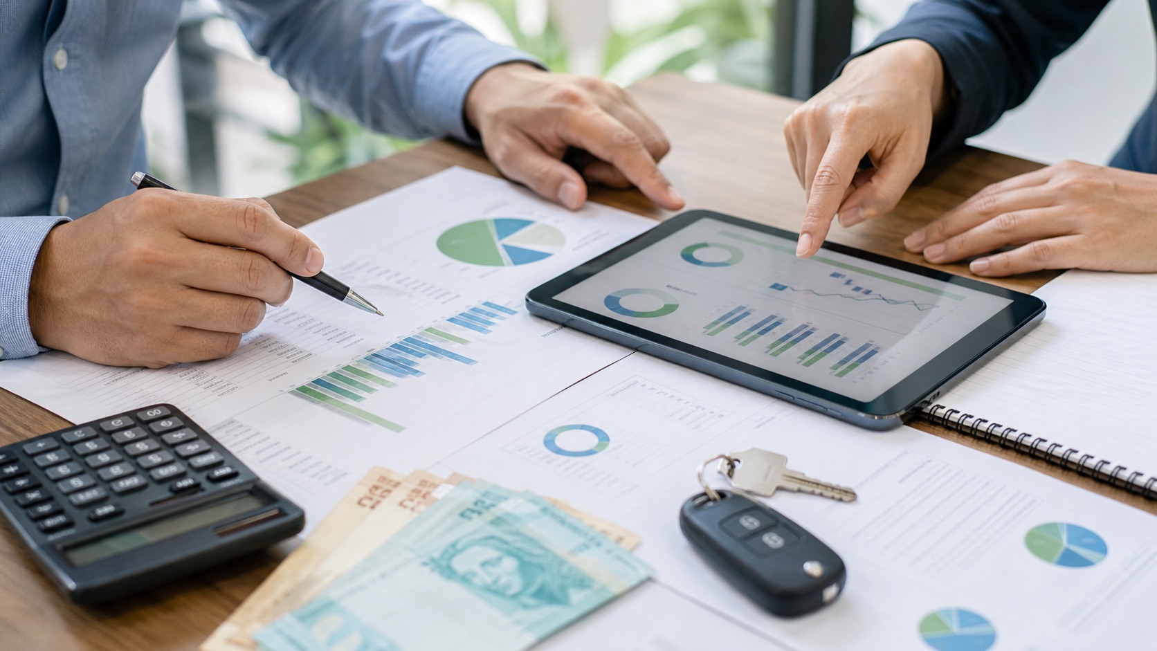 Cliente compara opções de crédito e consórcio com apoio de planejamento financeiro