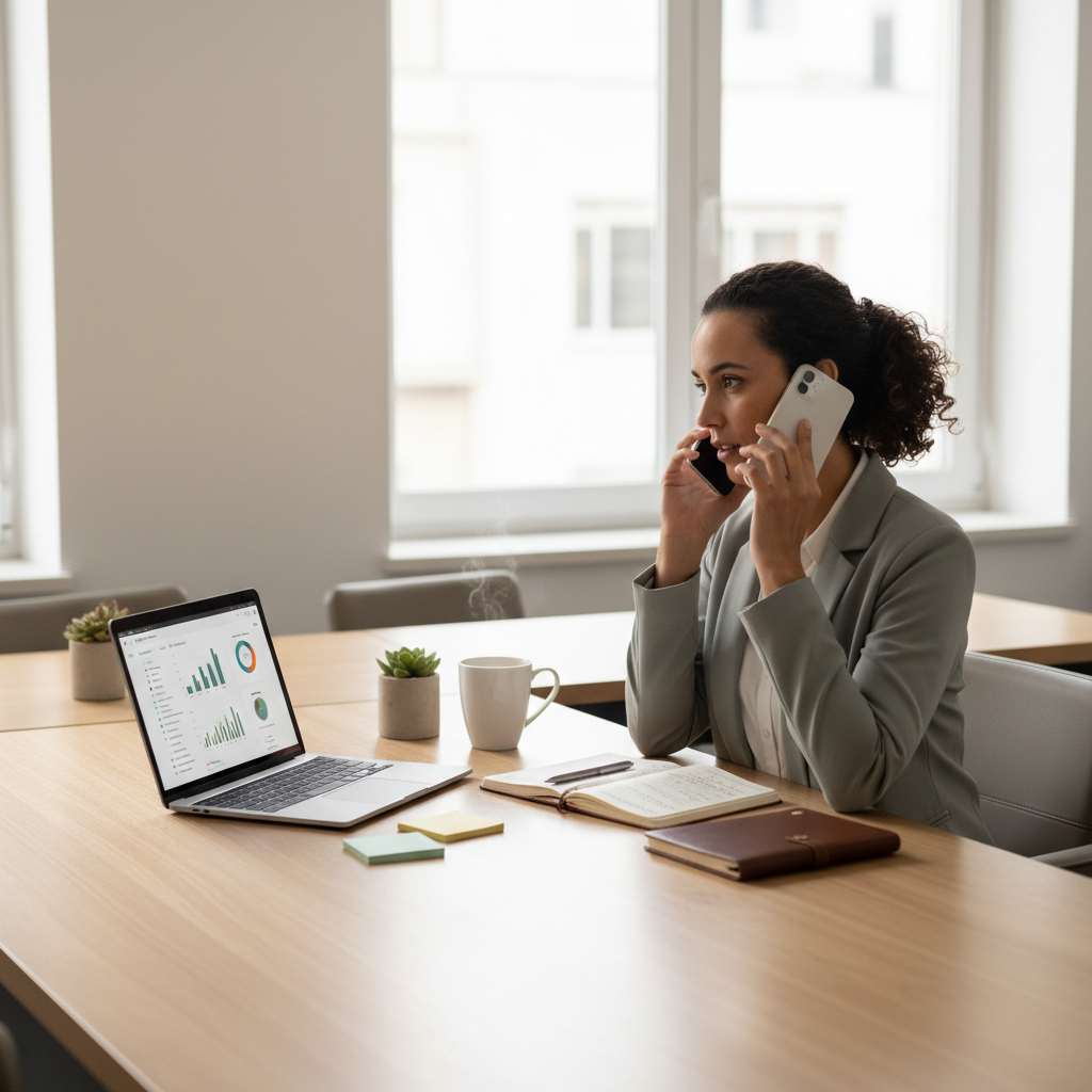 Vendedor de consórcio ao telefone organizando o atendimento de um cliente