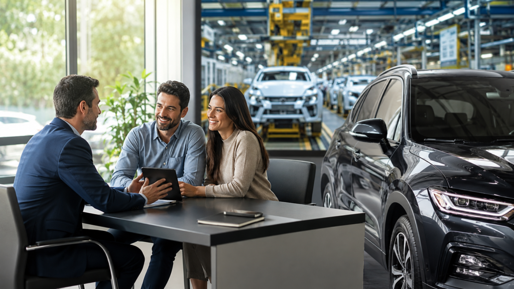 Consultor de consórcio apresentando tablet a um casal em concessionária, com linha de produção de veículos ao fundo